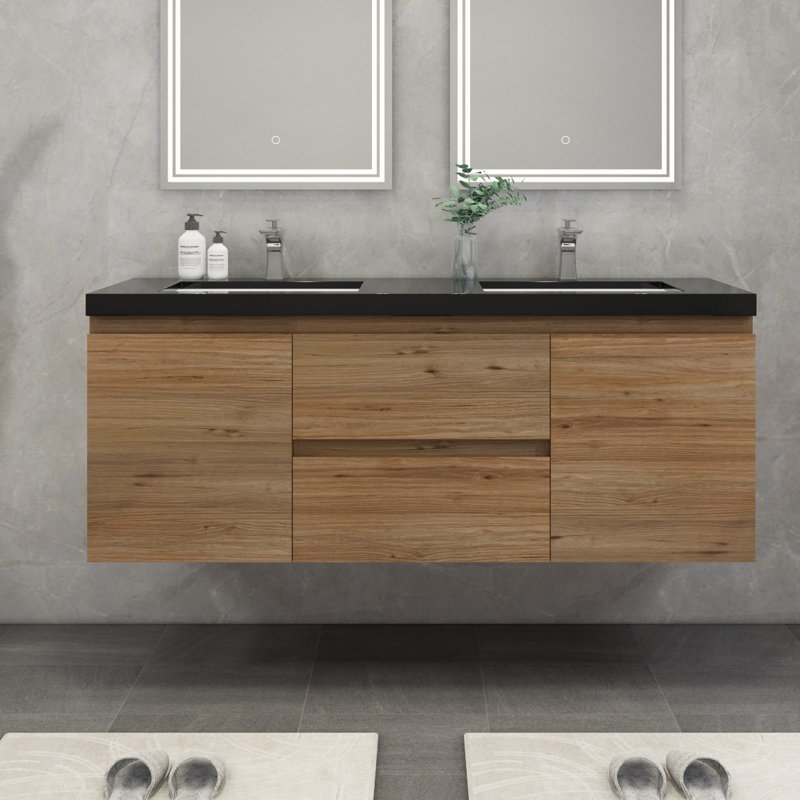 Ensemble de meuble-lavabo double mural 60 po Castin, Chêne