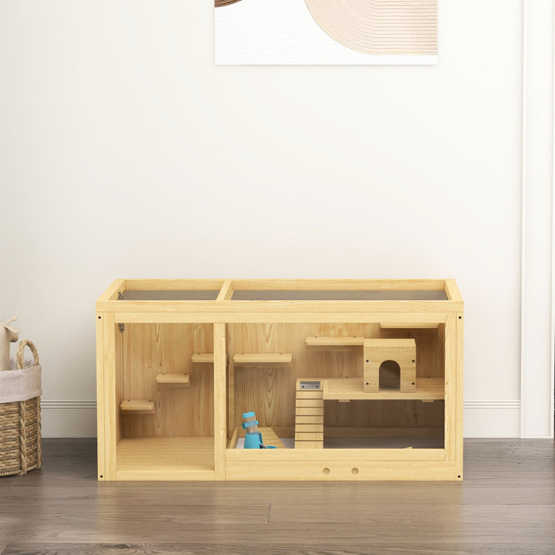 Très grande cage à hamster - en bois, multicouche, avec balançoires à bascule, bouteille d'eau, plateau facile à retirer, plateau ouvert pour les hamsters nains