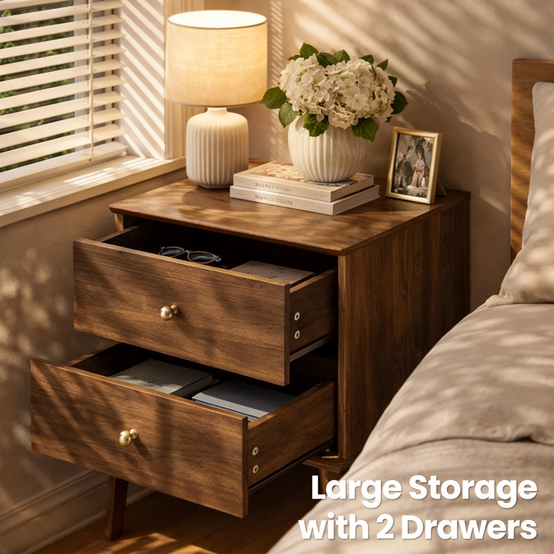 Mid-Century Modern 2-Drawer Nightstand With Tapered Legs, Dark Walnut