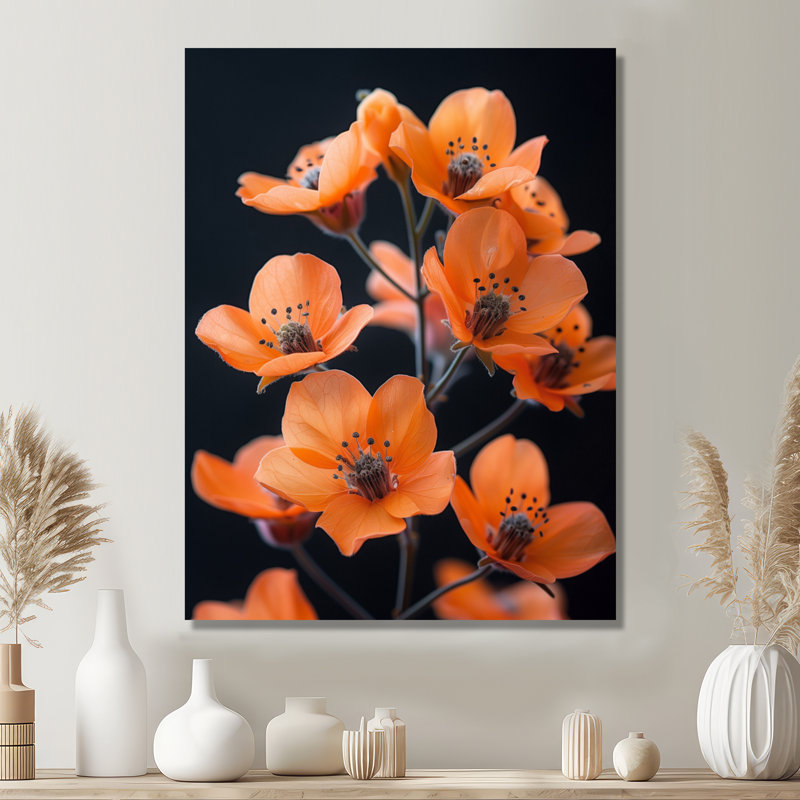 Fleurs de cerisier orange fraîches coupées en orange I - art mural cerisier en fleurs, Gold Floater Framed, H 32 po x l 24 po