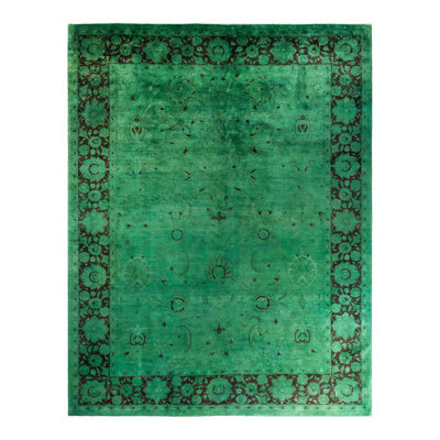 Tapis unique vert / brun surteint de 9 pi 4 po x 12 pi Overdyed