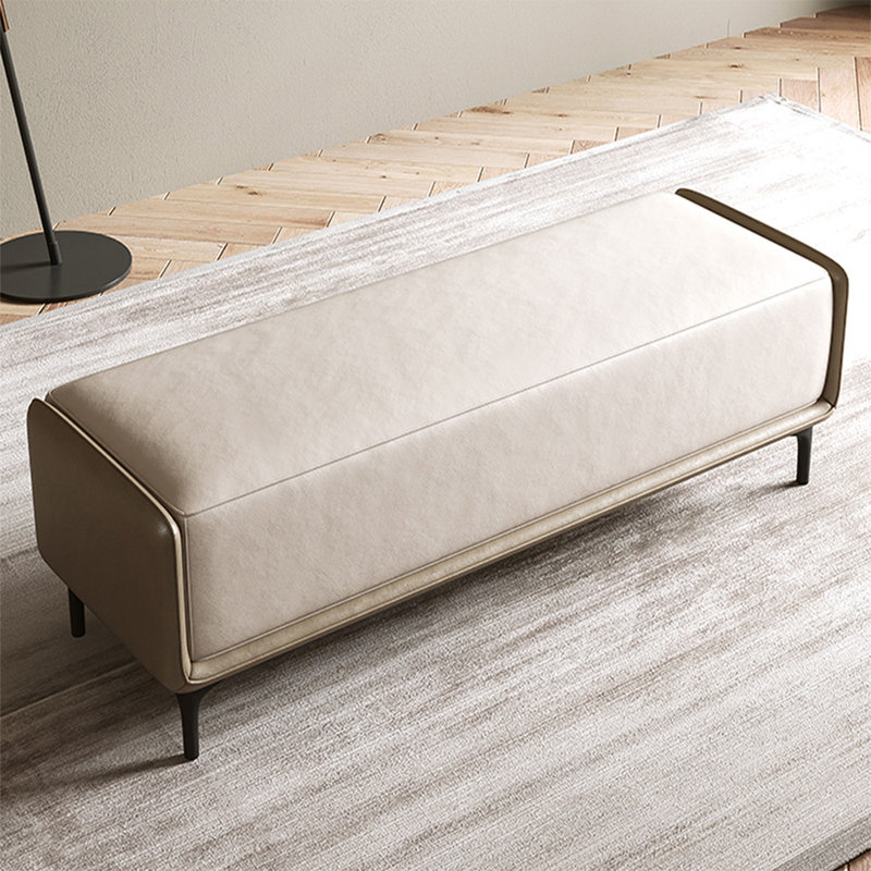Banc long en cuir beige et beige avec revêtement en bois et beige, Beige / kaki