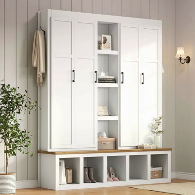 62.9"W Farmhouse 4-In-1 Hall Tree With 6 Hanging Hooks, Mudroom Wood Grain Bench With Open Compartments, Entryway Shoe Cabinet With Seating Bench For Living Room, Hallway