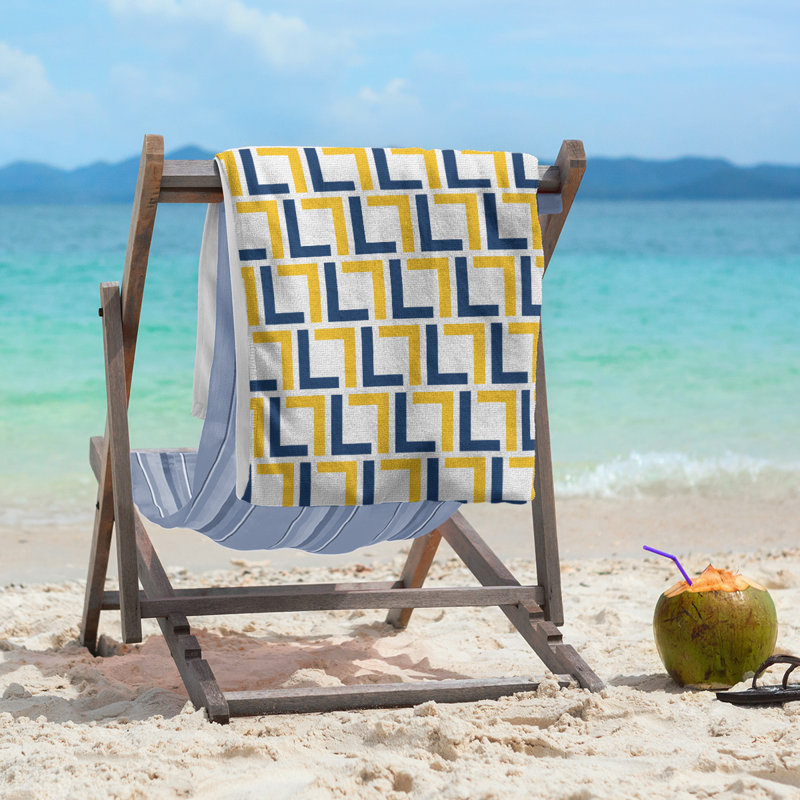 Serviette de plage en microfibre, Blanc / bleu marine / or