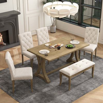 6-Piece Farmhouse Dining Table Set, Rectangular Trestle Table and 4 Upholstered Chairs & Bench for Dining Room (Natural Wood Wash)