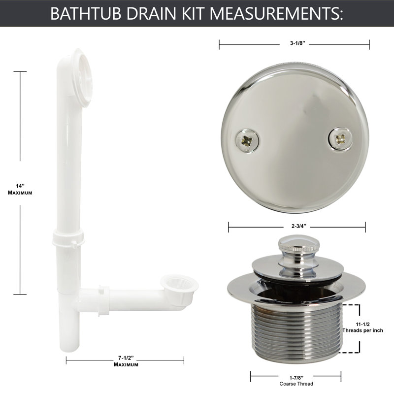 Ensemble de drain de baignoire 14 po en polypropylène blanc avec trop-plein à 2 trous, Nickel poli