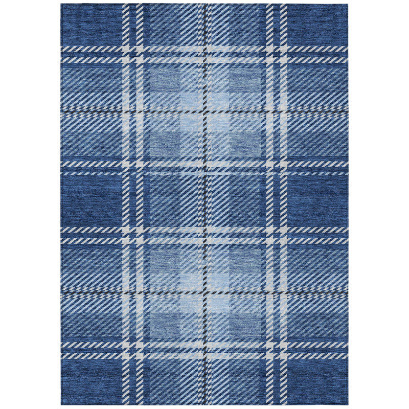 3' X 5' Navy Blue Plaid Washable Indoor Outdoor Area Rug
