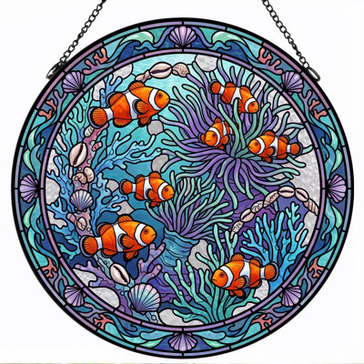 Panneau de vitrail en verre coloré corail Clownfish H 12 po
