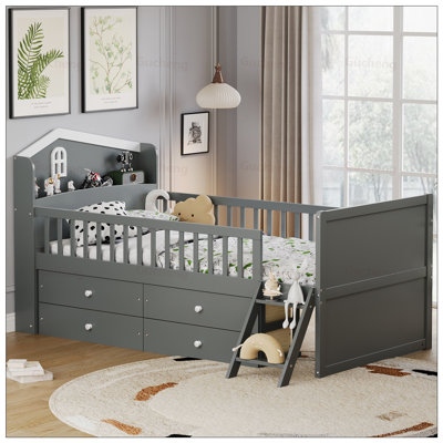 House-Shape Bed Frame with Drawers, -Length Guardrail, and Built-in Shelf for Kids' Rooms