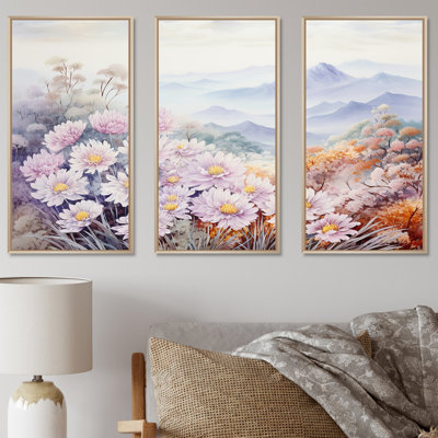 Mums Flowers In Mountain Scenery - Flowers Wall Decor Set