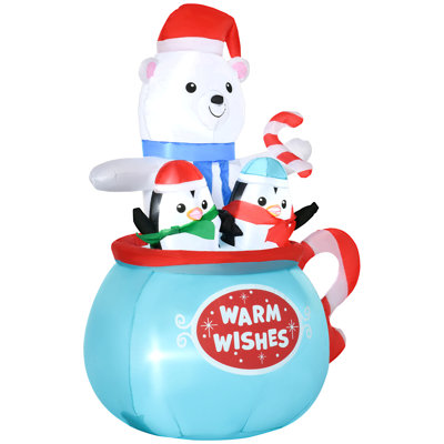 5Ft Christmas Inflatables Outdoor Decorations Blessed Polar Bear And Penguins In The Cup, Blow-Up Led Yard Christmas Decor For Garden, Lawn, Party, Holiday