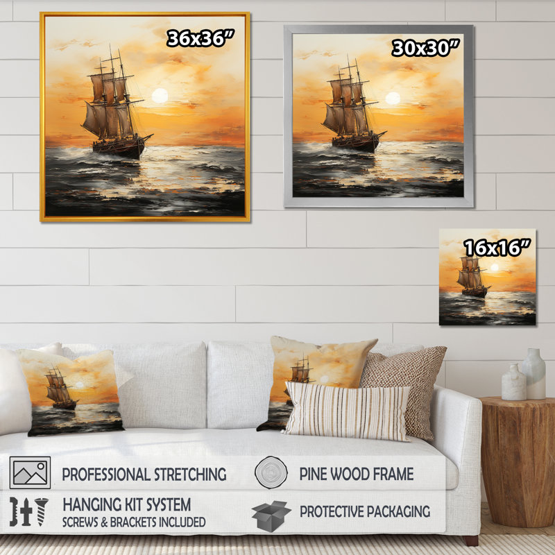 Bateau naviguant dans le coucher de soleil - art mural coucher de soleil côtier, Toile tendue, 30" H x 30" W