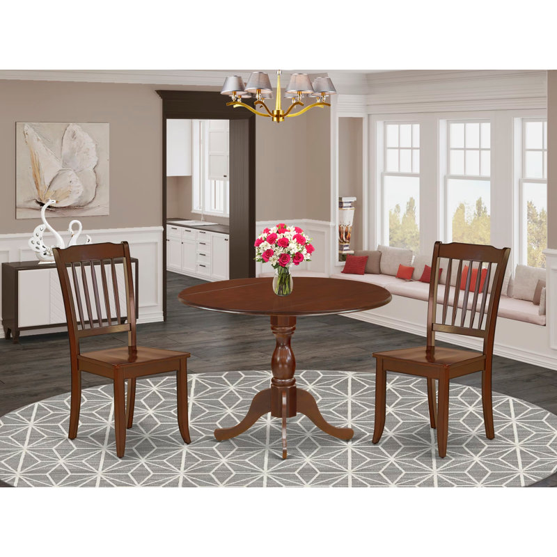 3 Piece Kitchen Table & Chairs Set Contains a Round Dining Room Table with Dropleaf and 2 Solid Wood Seat Chairs, 42x42 Inch, Mahogany