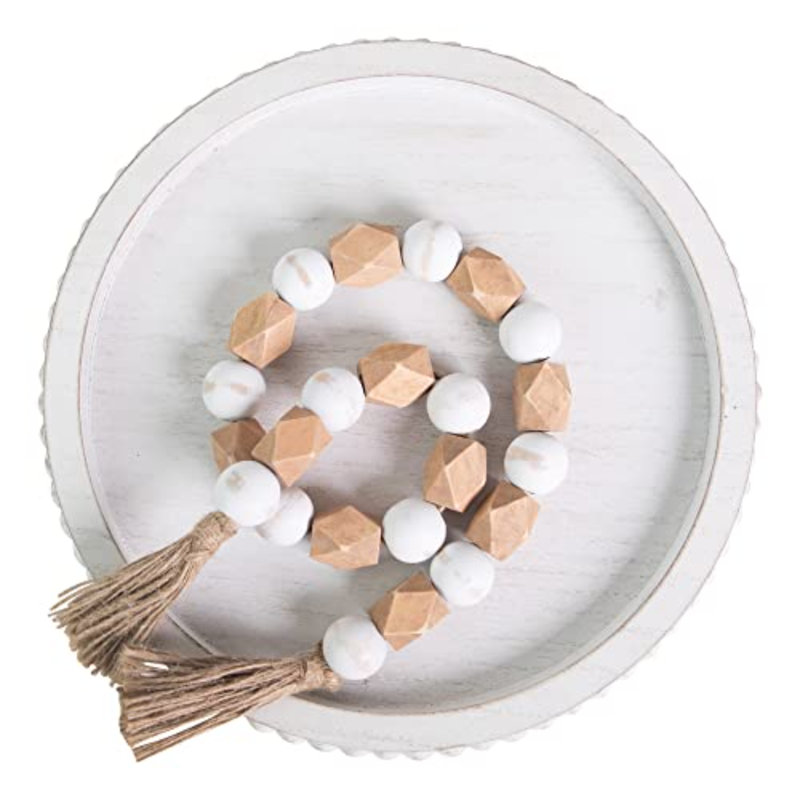 Decor 12In Round Wood Tray - White, Distressed, Farmhouse Rustic - Decorative Tray For Living Room, Coffee Table, Kitchen Table Or Farmhouse Serving Tray
