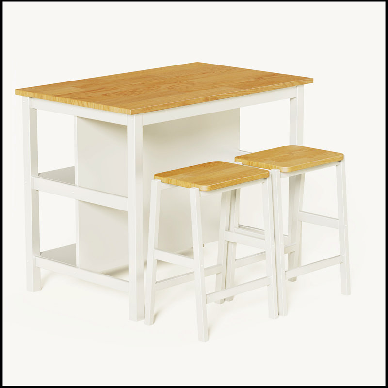 3 PCS Dining Table Set Rustic Retro Breakfast Table Dining Stools Rubber Wood for 2