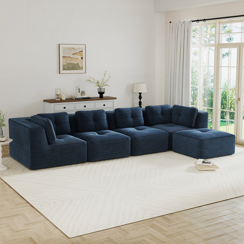 Canapé modulaire modulaire en velours côtelé, assise profonde, repose-pieds mobile, sans assemblage, Bleu