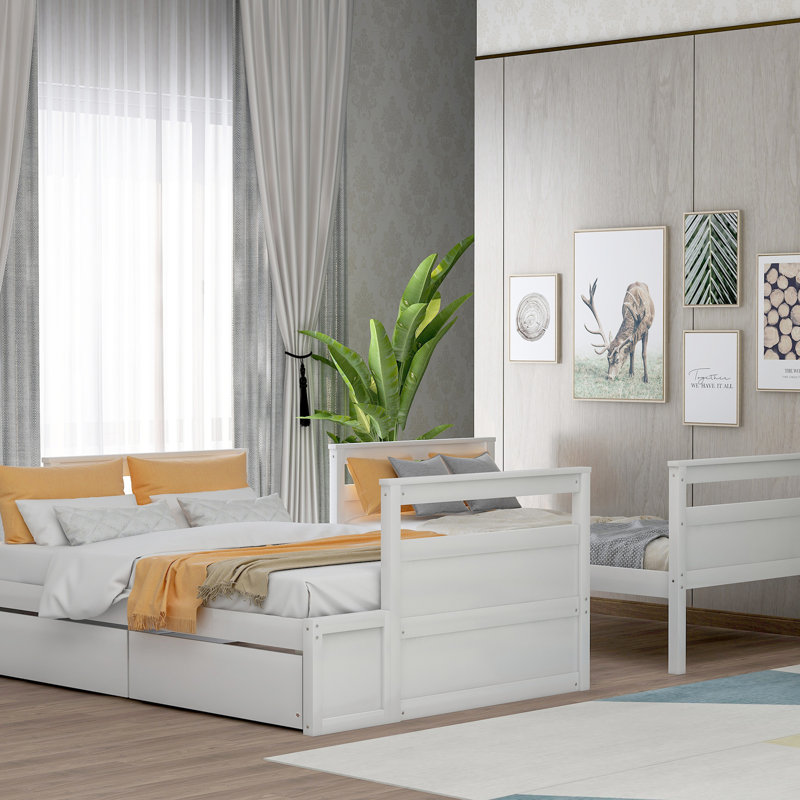 Lit simple superposé au dessus d'un lit double avec rangement, pin massif fabriqué en bois massif durable