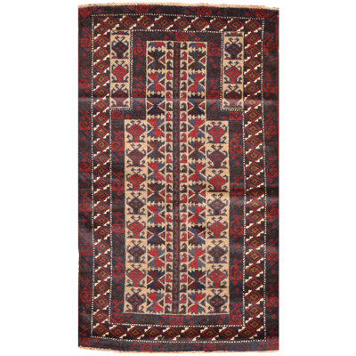 Tapis de zone en laine rouge/beige 2 pi 8 po x 4 pi 7 po one-of-kind à la main noué la balouchi Baurzhan