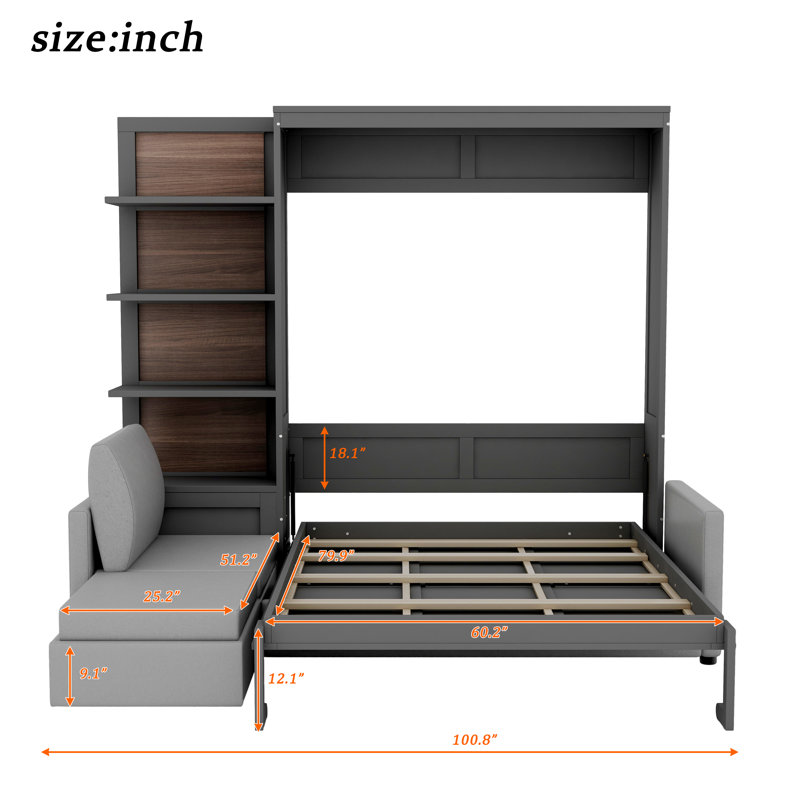 Grand lit escamotable mural avec canapé et tablettes, gris, Grey