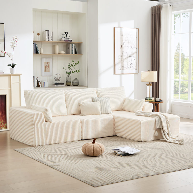Boneless 108" Modular Sofa Corduroy Modern L Shaped Sectional For Living Room, Cream Corduroy