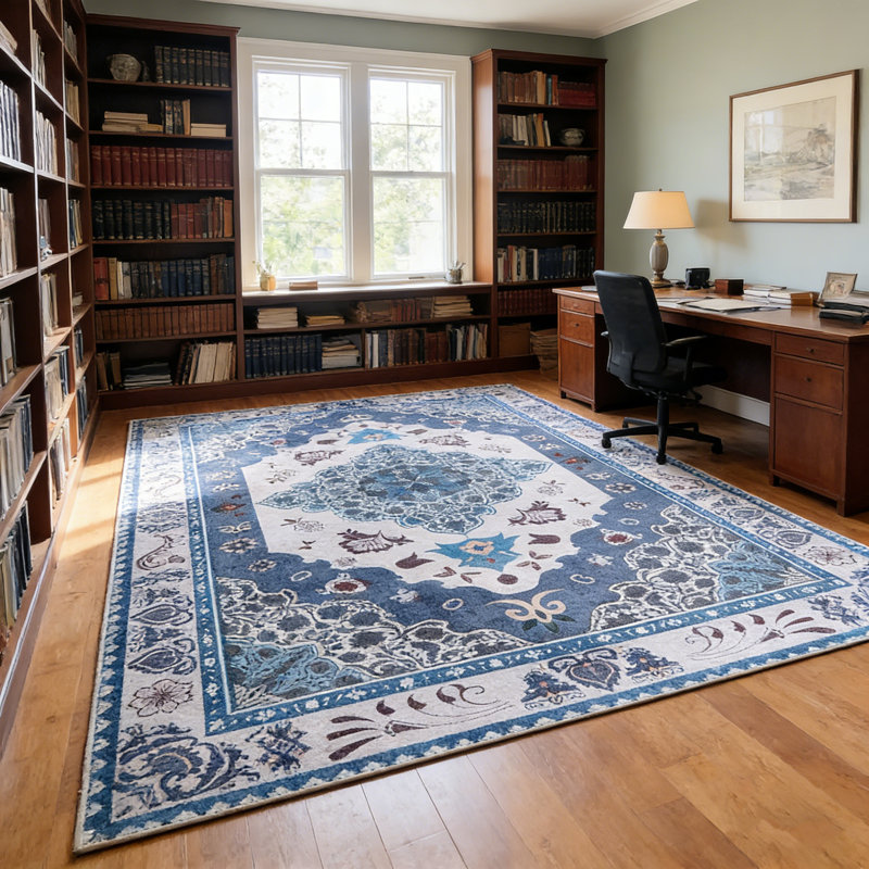 Living Room Rug 8x10 ft Blue and Grey Area Rug Machine Washable Rug, Non Slip Vintage Rug Stain Resistant Indoor Large Carpet for Bedroom, Boho Rug, Distressed Retro Floor Rug for Classroom, Dorm, Dining Room