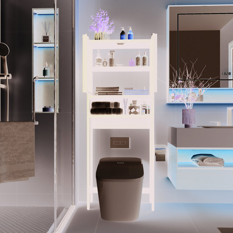 Étagère de rangement pour toilette de salle de bain et de salle de lavage, autoportante, très grande capacité, peu encombrante, beige noir gris, conception de haute qualité, tablette ouverte avec deux portes à persiennes, installation simple, bonne 