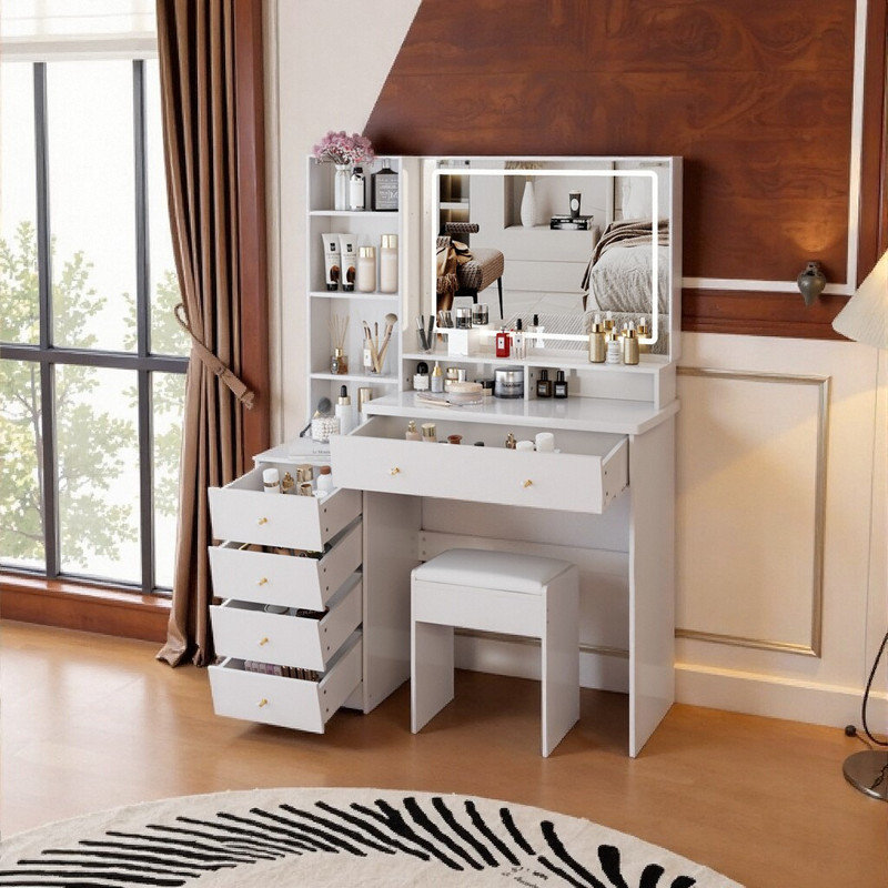 41 Inch Large Vanity Desk with LED Mirror, Multi Storage Dressing Table and Stool Set, White 1