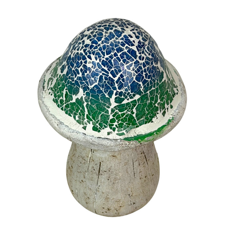 Statue de jardin champêtre en ciment et mosaïque en verre bleu, vert et blanc, 8 pouces de haut