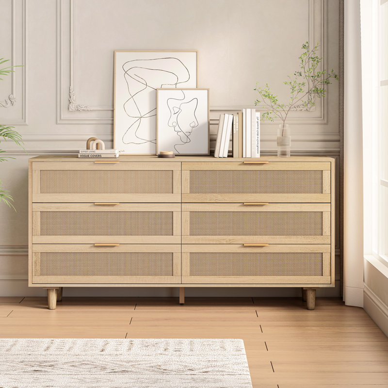 Annslee 59.06" 6-Drawers Rattan Dresser Rattan Bedroom Furniture Rattan Storage Rattan Chest, Natural