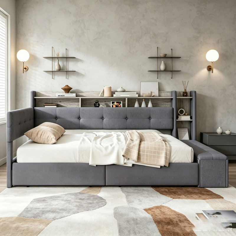 Twin Upholstered Daybed with Storage and USB Charging, Twin, Grey, Drawers;Footboard Storage;Shelves