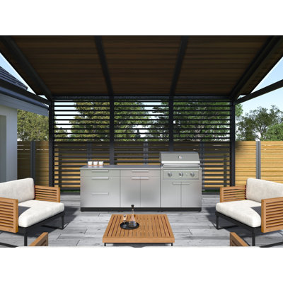 Ensemble d'armoires d'extérieur en acier inoxydable 7 pièces avec base à 2 portes, bar, coin, armoire de barbecue, barbecue au gaz de performance 40 po et comptoirs