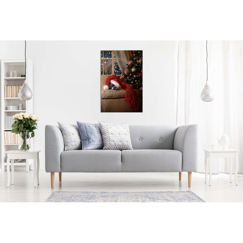 Dog Waiting For Santa By The Christmas Tree - Wrapped Canvas Print, 31cm H x 20cm W