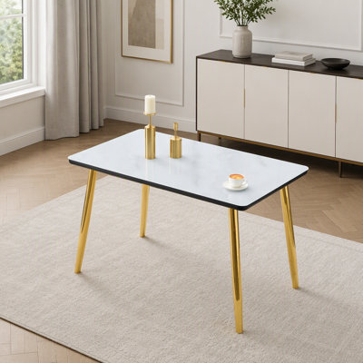 Modern Minimalist Rectangular Dining Table with Tempered Glass, Imitation Marble, and Gold Metal Legs for Compact Spaces