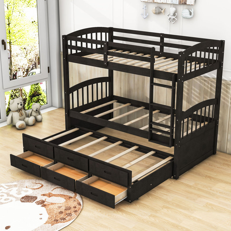 Diavione Kids Twin Over Twin Bunk Bed with Trundle with Drawers, Espresso