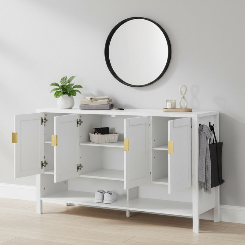 Buffet de rangement 55,11 po avec 4 portes, buffet multifonctionnel avec tablette ouverte et tablettes réglables, convient au salon, au couloir