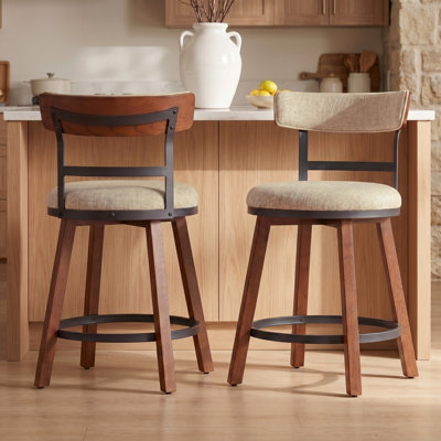 Ensemble de 2 tabourets de bar modernes de 26 po d'épaisseur avec dossier courbé en frabic et pieds en bois massif et structure en métal mat, tabourets de bar à hauteur de comptoir pour Kicthen Island, kaki