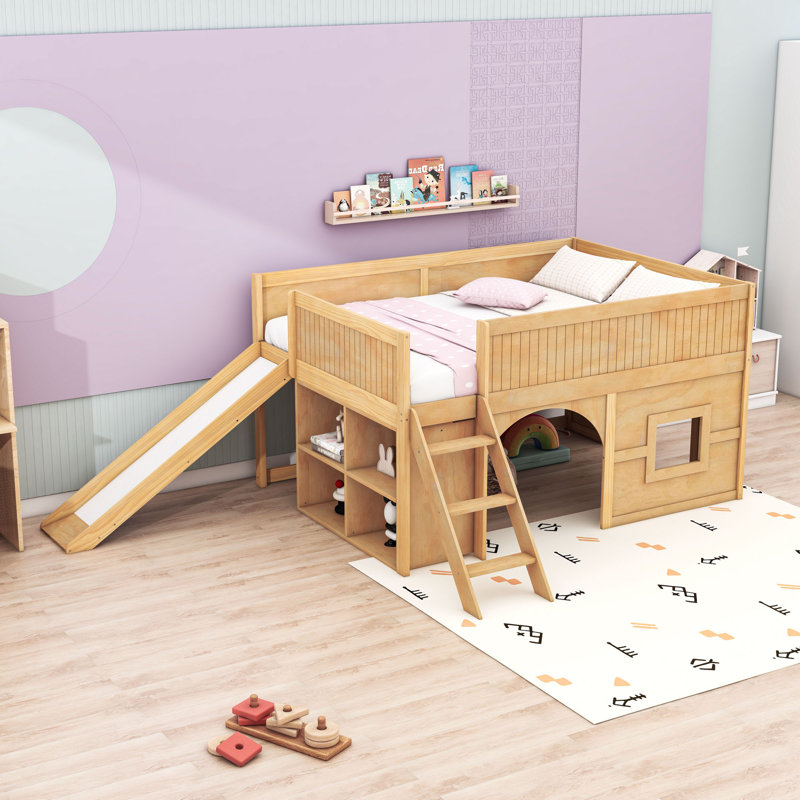 Low Loft Bed With Storage Shelves And Slide, Natural