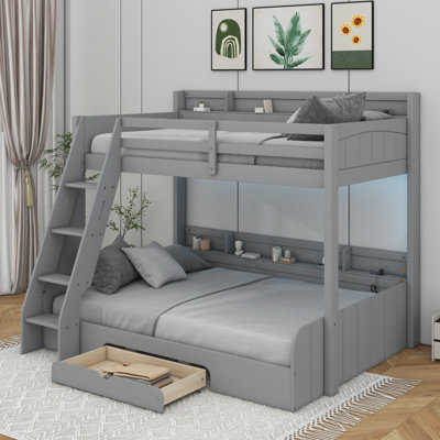 Twin Over Full Bunk Bed With Storage Shelves, LED And A Drawer