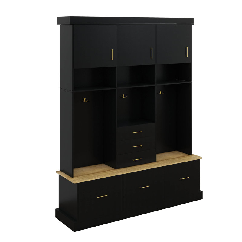 Modern Hall Tree With Bench, 75" Entryway Storage Organizer With Coat Hooks, 6 Drawers & 3 Cabinets And 3-Tier Top Storage