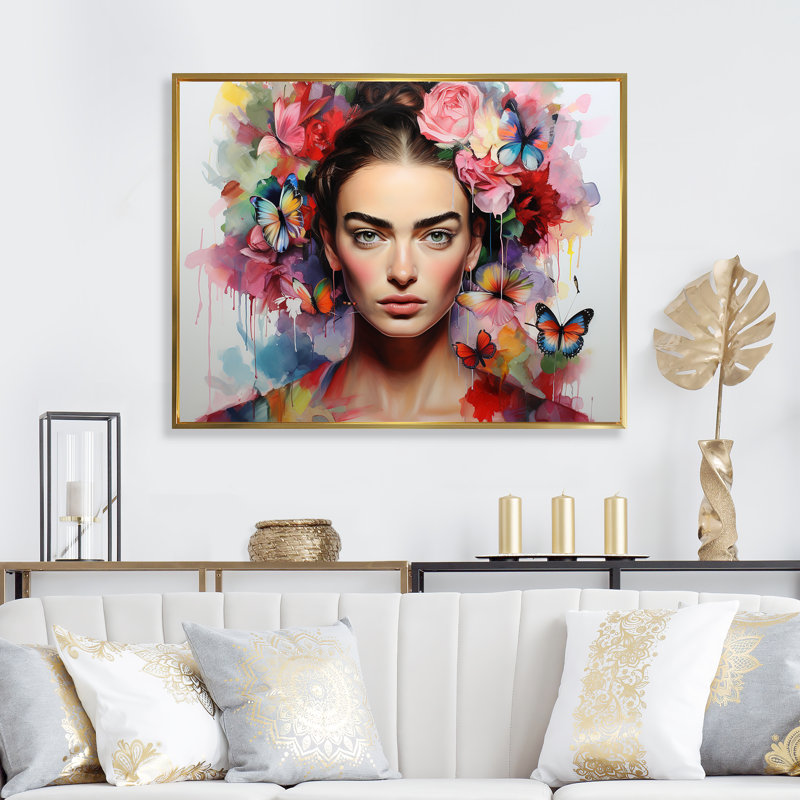 Frida Kahlo, couronne de fleurs, art mural, Cadre flottant doré, H 12 po x l 20 po x P 1 po