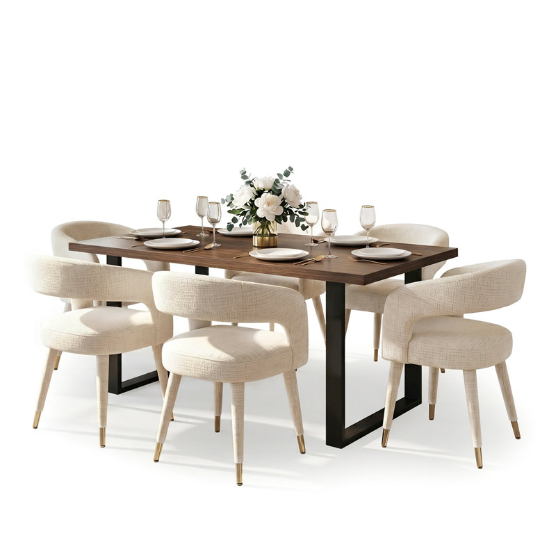 7-Piece Rectangular Dining Set With Chenille Arm Chairs, Oatmeal