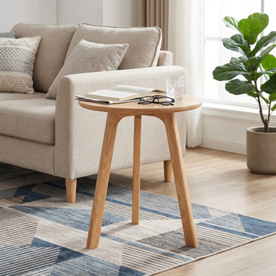 Round Side Table, Solid Wood Accent End Table with Stable 3-Leg Base for Living Room Bedroom Small Spaces
