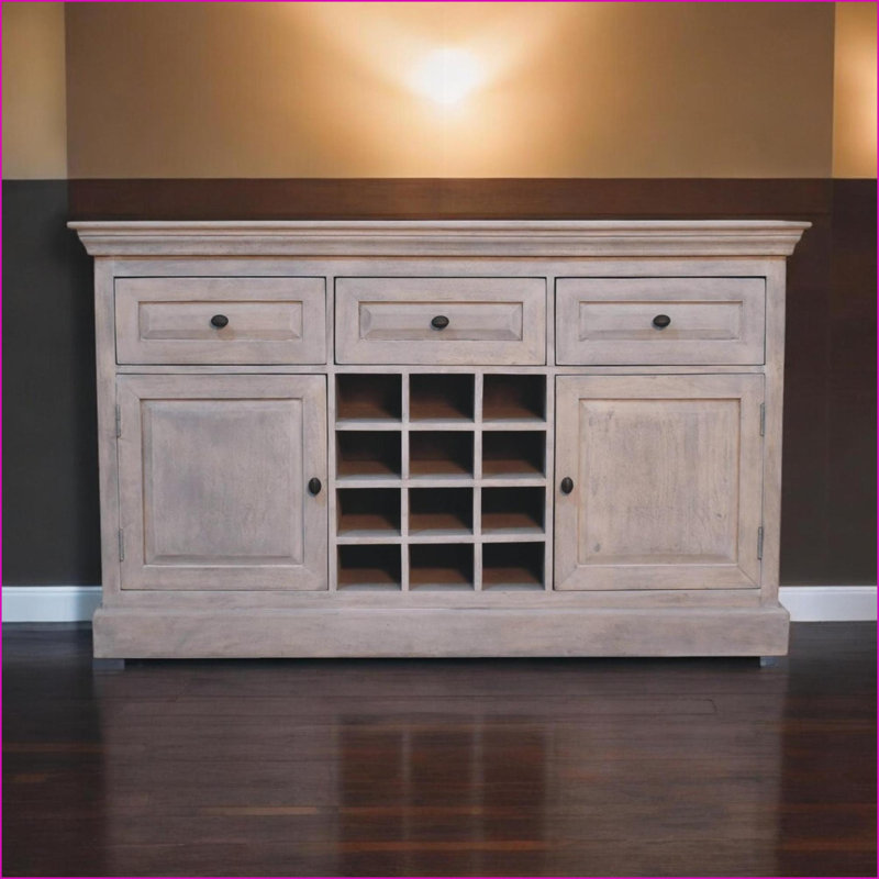 Armoire à vin, bois de manguier massif délavé à l'acide | 3 tiroirs + 2 armoires | 12 fentes pour bouteilles | Fabriqué à la main