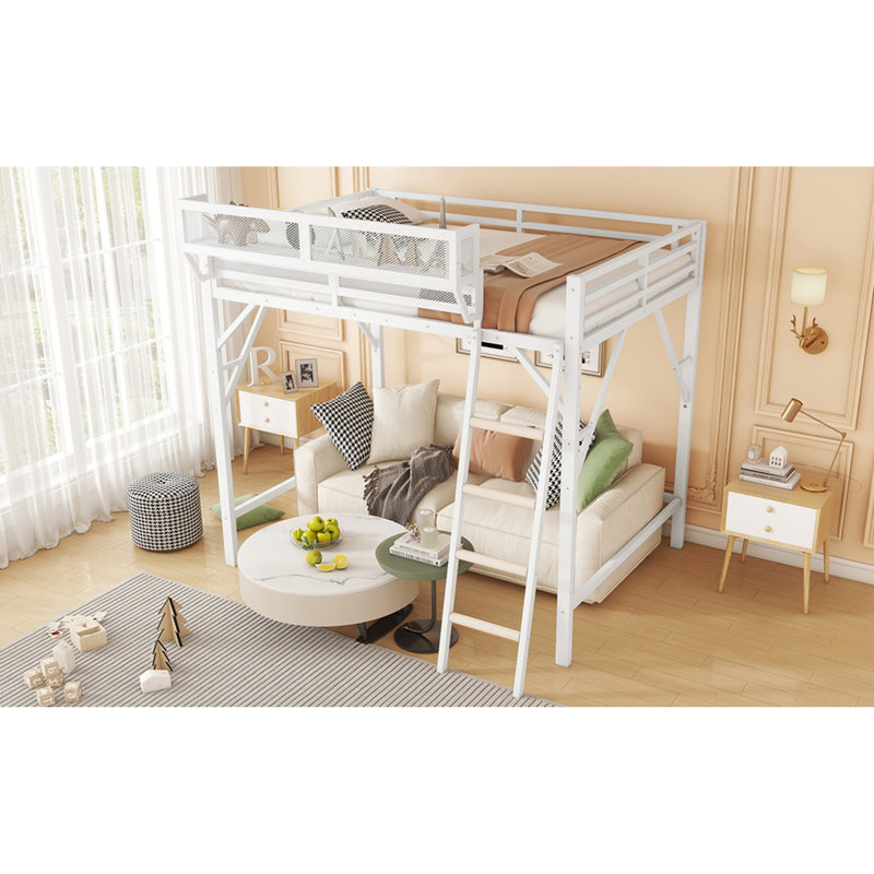 Grand lit mezzanine en métal peu encombrant, conception moderne avec rangement, parfait pour les adolescents