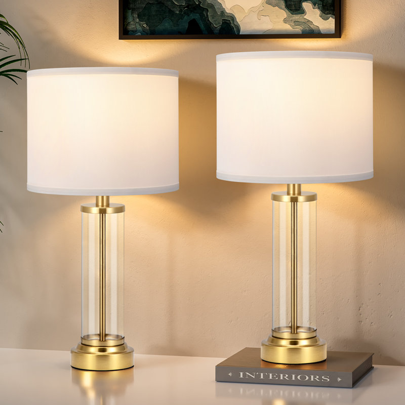 23'' Modern Glass Table Lamp Set with 3-Way Touch Control and USB A&C, Gold