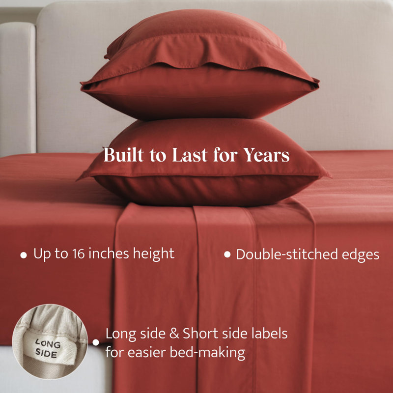 Double Stitch Sheet - Luxury Cotton Tencel Eucalyptus Bed Sheets Deep Pocket, 4 Pc Soft Hotel Bedding Set Cooling Breathable, 1 Fitted Sheet & 1 Flat Sheet & Pillowcases