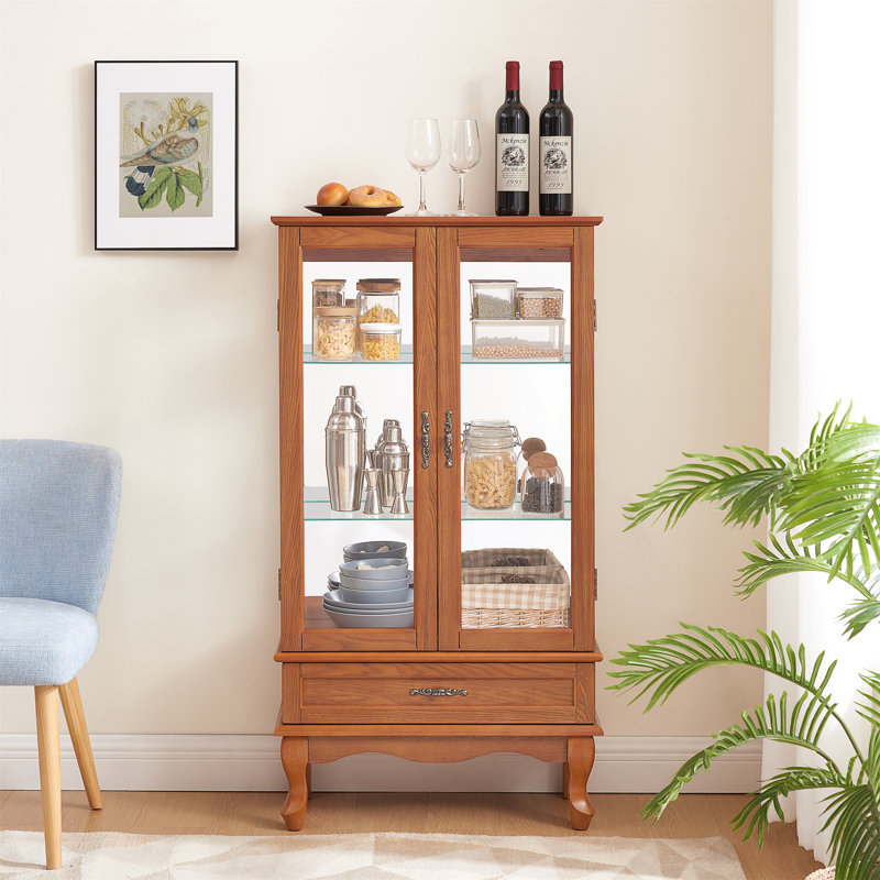 Lighted Glass Display Cabinet Glass Wine Cabinet Curio Display Cabinet With Adjustable Glass Shelves Two Doors And One Drawer Bulb Included For Home Decor And Storage