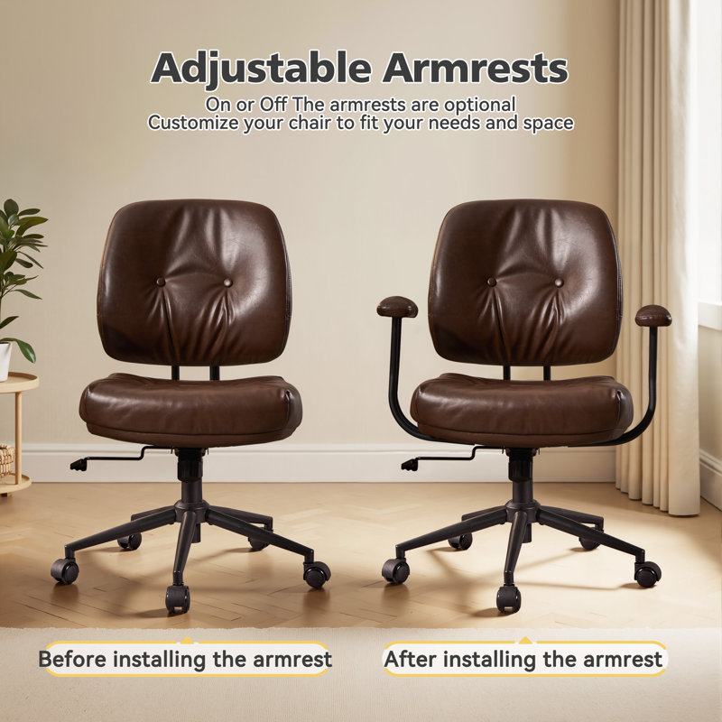 Mid-Century Faux Leather Office Chair With Arms, Adjustable Swivel Desk Chair For Home Office Or Vanity – Compact Ergonomic Task Chair