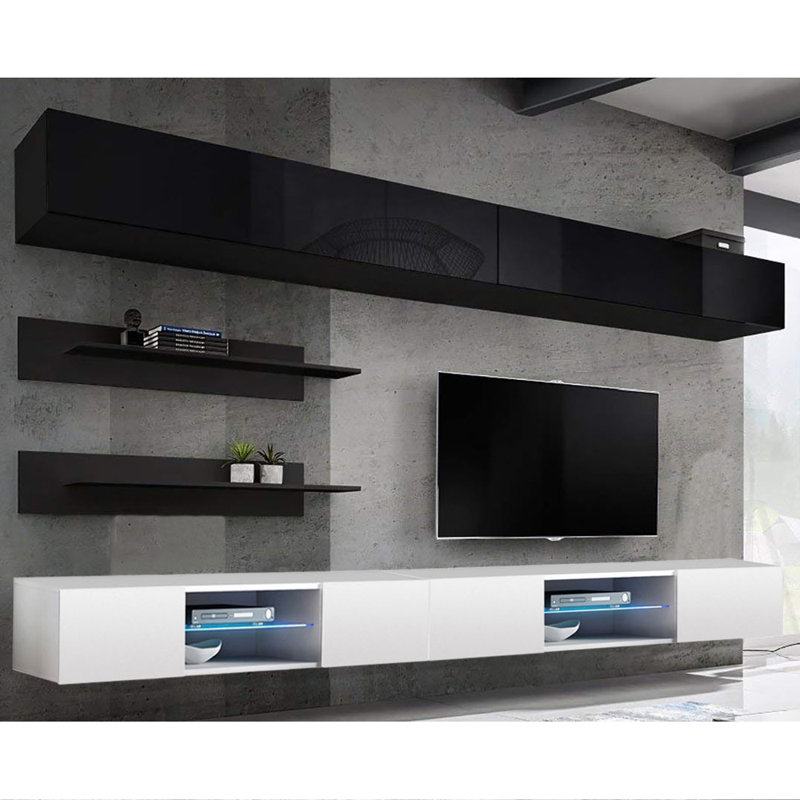 Livermore 126" Modern Floating Wall Mounted Entertainment Center with 16-Color LED Lighting, High Gloss Finish, Black/White
