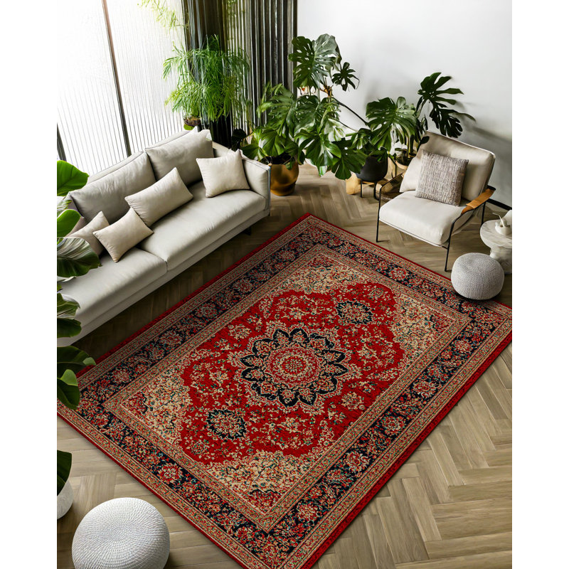 Guria Red/Brown Oriental Vintage Look Machine Printed Cotton Chenille Area Rug, Rectangle 3'4" x 6'7"